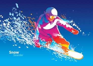 the colorful figure of a young man snowboarding on a blue sky background. vector illustration.