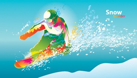 the colorful figure of a young man snowboarding on a blue sky background. vector illustration.