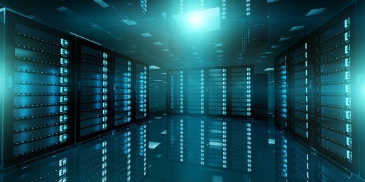 dark server room data center storage with blue lights 3d rendering