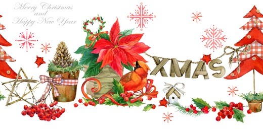 christmas seamless decorative border. winter holiday nature background. watercolor robin bird, poinsettia, holly, pine branch, berries, snowflake illustration.