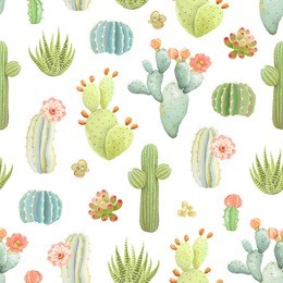 seamless pattern with cactus and succulents, vector illustration in vintage style on white background.