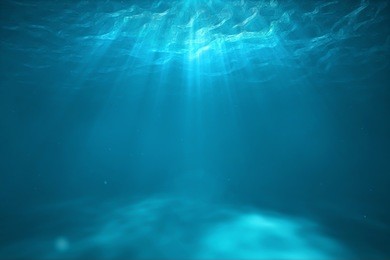 3d rendering. deep into to sea. underwater scene with bright beam pass through the surface. 