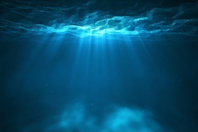 3d rendering. deep into to sea. underwater scene with bright beam pass through the surface. 