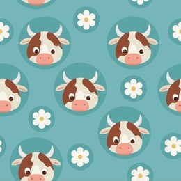 cows and flowers blue seamless pattern. childish vector seamless wallpaper.