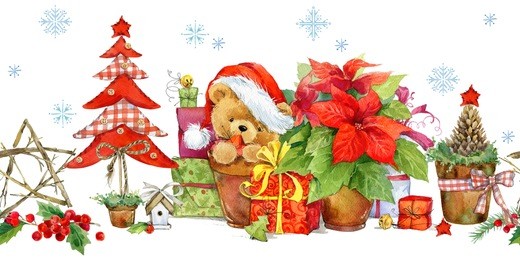 christmas seamless decorative border with cute teddy bear. winter holiday background