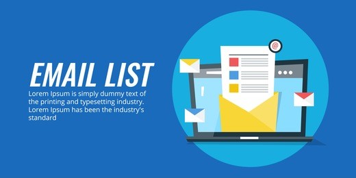 concept for email list, mailing list, contact list flat vector banner with icons isolated on blue background