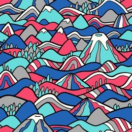 landscape pattern. vector seamless pattern with hills, trees, fields and peaks. background illustration with bright landscape. 