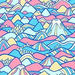 landscape pattern. vector seamless pattern with hills, trees, fields and peaks. background illustration with bright landscape. 