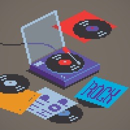 pixel art style gramophone player icon being played with rock and hip-hop album covers, isometric view, vector graphic illustration.