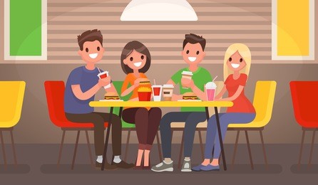 company of young people is eating at a fast food cafe. vector illustration in a flat style