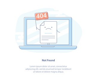 flat line icon concept of 404 error page or file not found icon. page with flag 404 on laptop display. isolated vector illustration. 