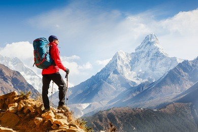 active hiker enjoying the view. himalayas. nepal