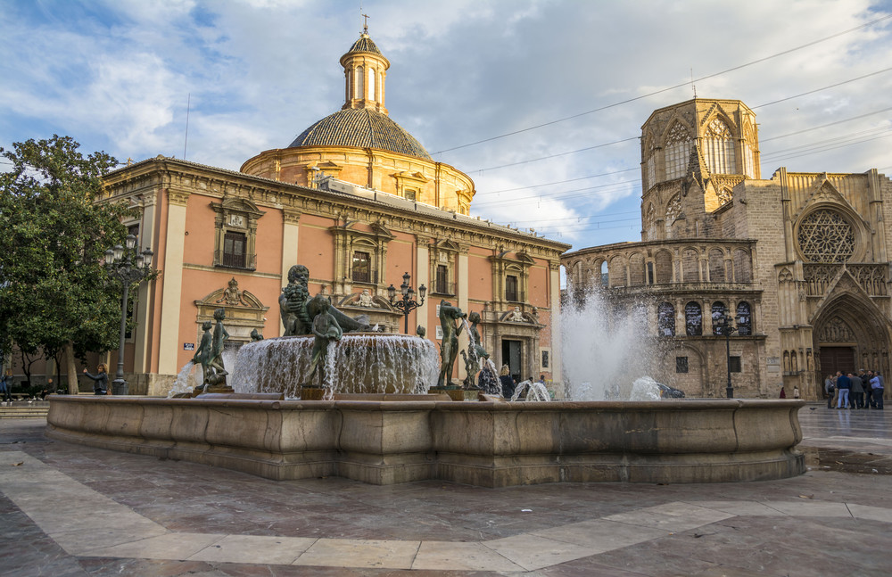 turia fountain in the plaza de la virgen in valencia ,spain