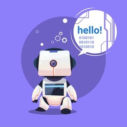 modern robot says hello, futuristic artificial intelligence mechanism technology flat vector illustration