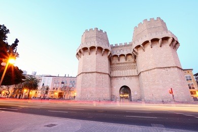 serrano towers (torres de serrano) in the city of valencia, spain.