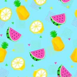 summer bright color seamless pattern with watermelon, lemon and pineapple.