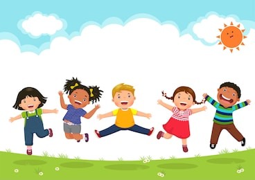 happy kids jumping together during a sunny day