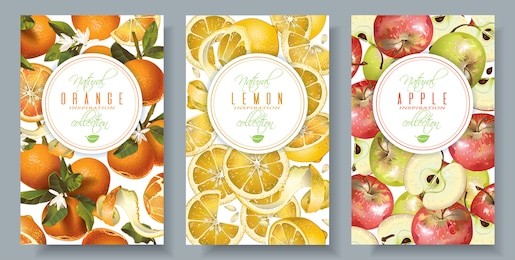 vector fruit vertical banners set. orange, lemon and apple design for sweets and pastries filled with fruit, dessert menu, perfume, natural cosmetics, body care products. with place for text