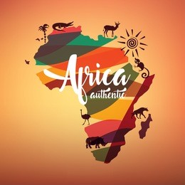 africa travel map, decorative symbol of africa continent with wild animals silhouettes