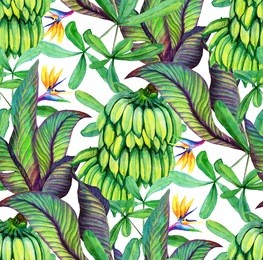 tropical seamless pattern with bananas, banana leaves, flower sterlitzia. tropical background with banana leaves. watercolor illustration with a rainforest