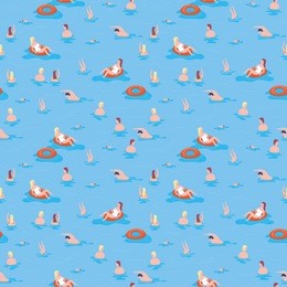 summer pattern print sea. summer pattern print people swimming in sea. sea print men and women swim in lifesaving inflatable circles on blue background