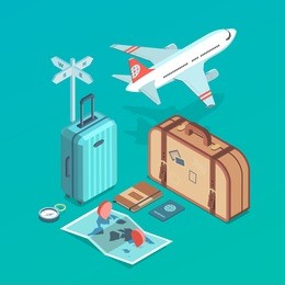 isometric icon illustrations of traveling, plane,  passenger luggage, tourist and journey objects
