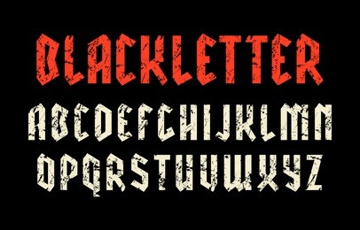 narrow sanserif font in black letter style. gothic typeface with shabby texture. print on black background