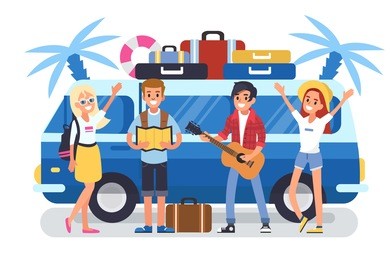 happy road trip friends stand near their car.  flat style vector illustration isolated on white  background.