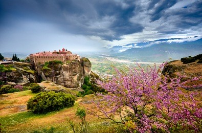 meteora monasteries, greece kalambaka. unesco world heritage site. colorful spring landscape. monastery of st. stepheniera moni agiou stefanou