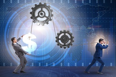 businessman pulling mechanism and raising dollar