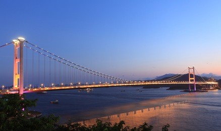 tsing ma bridge, landmark bridge in hong kong at twilight