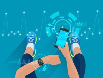 fitness woman hand with wearing watchband smartwatch with tech healthcare wellness innovation concept