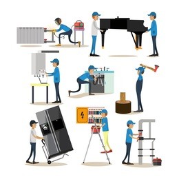 vector icons set of workers profession people. woodcutter, electrician, plumber, loader and gasman cartoon characters isolated on white background. flat style design elements.