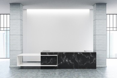 black marble reception counter of an original construction is standing near a blank white wall in an office hall. 3d rendering, mock up