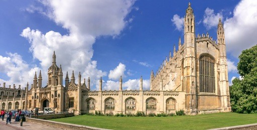 panoramic view from the street of the famous king's college university of cambridge and chapel in cambridge, uk
