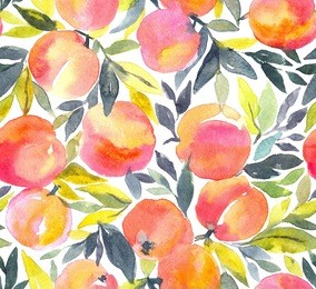 bright seamless pattern with hand painted watercolor peaches. stylish fruit design.