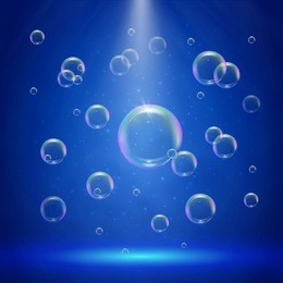 stage illumination with spotlights and bubbles. blue deep sea scene with shampoo foam in water. colorful realistic bubble with sprays and rays. background with liquid cleaning soap for bath and shower