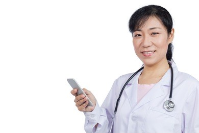 asian female doctor using mobile phone in isolated white background
