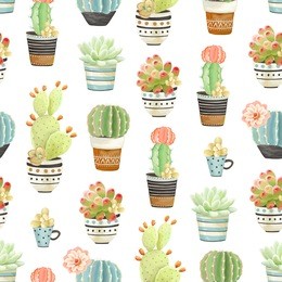 seamless pattern of flowers pots with cacti and succulents. vector illustration
