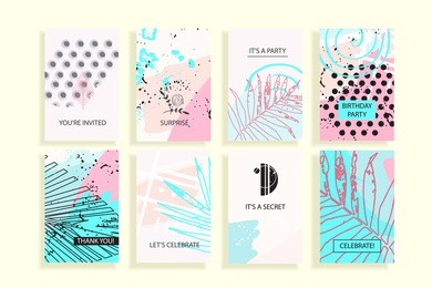 universal abstract posters set. creative geometric cards. trendy creative abstract cards for wedding, anniversary, birthday, valentin's day, party invitations, web, print.  