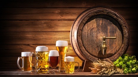 oktoberfest beer barrel and beer glasses with wheat and hops on wooden table