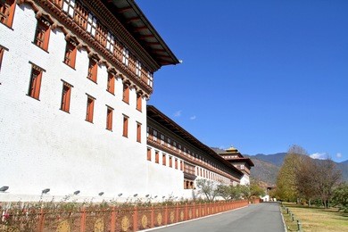 tashicho dzong or thimpu palace. buddhist monastery and fortress on the northern edge of the city of thimpu in bhutan.