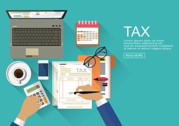 flat design.tax payment. government, state taxes. data analysis, paperwork, financial research, report. businessman calculation tax return. payment of debt. vector illustration.
