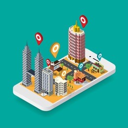 flat map gps navigation isometric city center with skyscraper,coffee shop,bakery shop, road , tree , flower shop. vector illustration