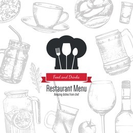 restaurant menu design. vector menu brochure template for cafe, coffee house, restaurant, bar. food and drinks logotype symbol design. with a sketch pictures