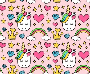 cute unicorn, princess concept, girl beauty seamless pattern isolated on pink background. vector cartoon design. magic, fairy tale, heart, rainbow, crown, stars, diamond