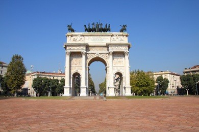 milan, italy. arco della pace (arch of peace) in sempione park.