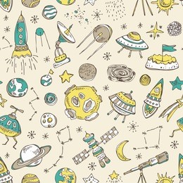 space seamless with space rocket, satellite, planet, asteroid, spaceship, star, telescope, constellation, comet. hand drawn vector doodles illustration