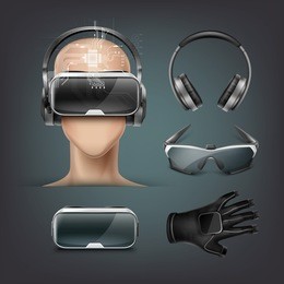 vector set of virtual augmented reality gadgets: different optical head-mounted displays or smart glasses, wireless vr ar glove and headphones isolated on background