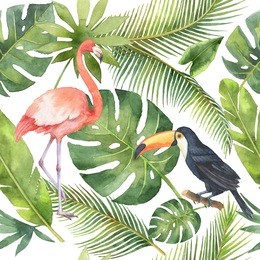 watercolor seamless pattern of flamingo, toucan birds and palm trees isolated on white background. hand painted illustration for design kitchen, bio food, menu, healthy eating, textiles, market.